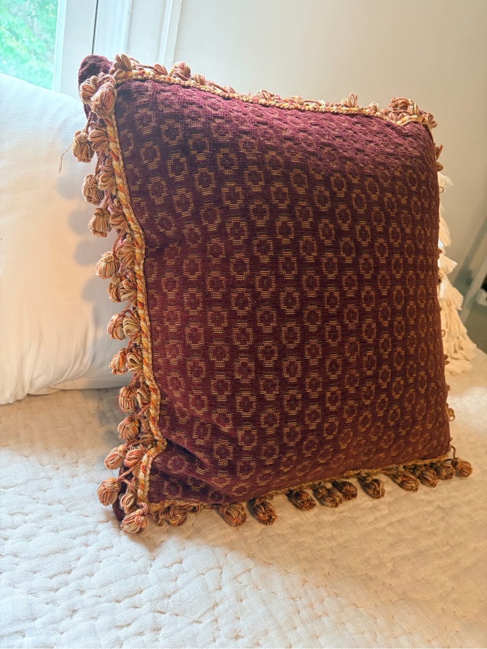 Duck-filled Vintage Chenille Moroccan print Tasseled Pillow
